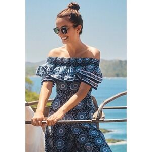 Kopal Anthropologie‎ Off Shoulder Jumpsuit Womens XS Blue White Block Print EUC